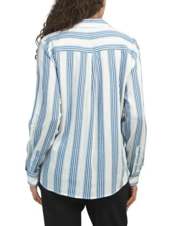 TAMARA H NAVY Linen Blend Striped Long Sleeve Shirt - Picture 2 of 4